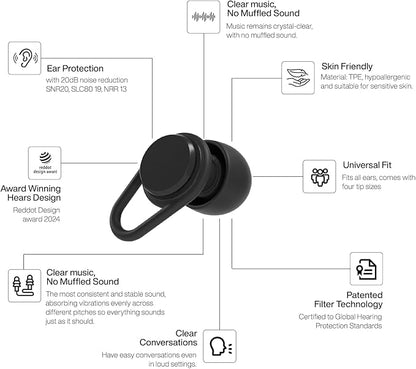 Hears Ear Plugs for Noise Protection - Patented Concert Earplugs, 20dB SNR Sound Reduction, Hypoallergenic Ear Plugs for Sleeping Noise Cancelling with 4 Ear Tip Sizes Included - Jet Black