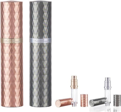 Travel Refillable Perfume Atomizer 0.17fl.oz/5ml. Cologne Pocket Recyclable Portable Sprayer Bottle. Mini Scent Pump Case Dispenser Perfume Container (ROSE+GREY)