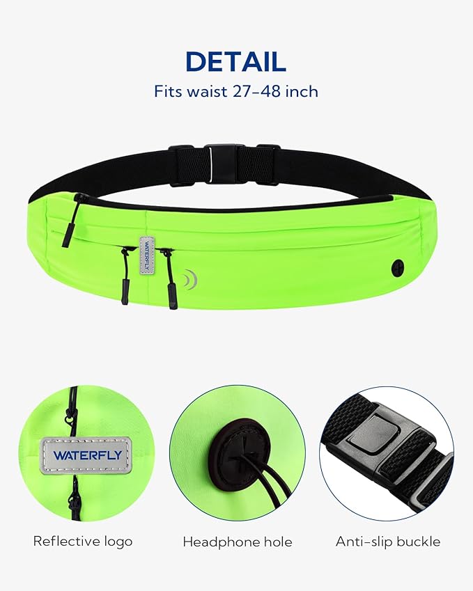 WATERFLY Running Belt Fanny Pack: Runner Marathon Jogging Waist Pack Sport Workout Exercise Fitness Phone Holder Belt for Men Women Jogger Slim Waistband Black