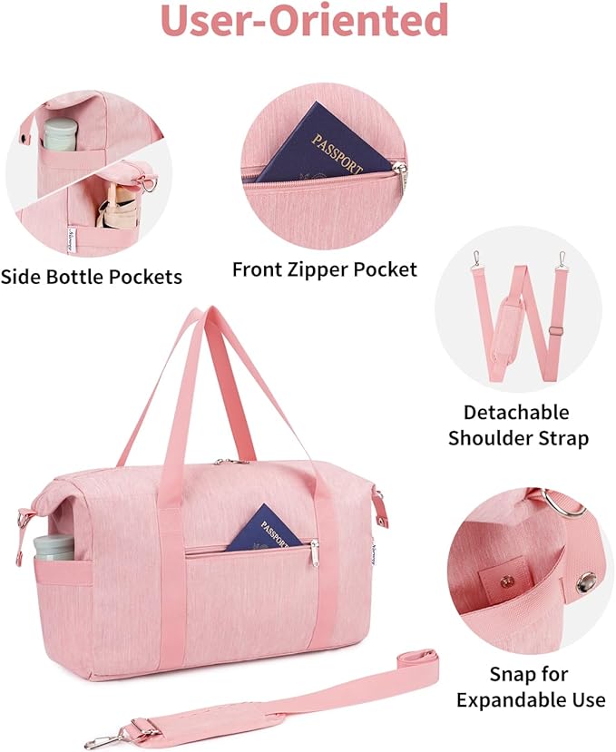 Narwey Weekender Bag for Women - Overnight Travel Duffel, Hospital, Spirit Airlines Personal Item 18x14x8, Carry-on Underseat With Wet Pocket, Small Gym (Pink)