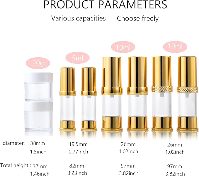 Golden Airless Pump Bottle Travel Set with Box Refillable Cosmetic Vacuum Pump Bottle Such as Hand Soap,Toner,Foundation,Hair Oil,Lotion and Cream (Golden, 5ml-10ml-20g)
