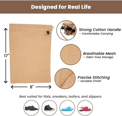 LFH Cotton Rich Shoe Storage Bags with Drawstring, Dustproof Breathable Reusable Organizer, Perfect For Travel, Dorm, Hotel, College, Gym, Easy to Carry, Machine Washable 8"x17" (Pack of 2) - Beige