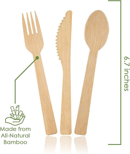 100% Bamboo Forks Spoons Knives Cutlery Combo Set - 380 Large Compostable Disposable Utensils (7 in.) Eco Friendly Durable and Tree Free Alternative to Wooden Silverware with Convenient Tray