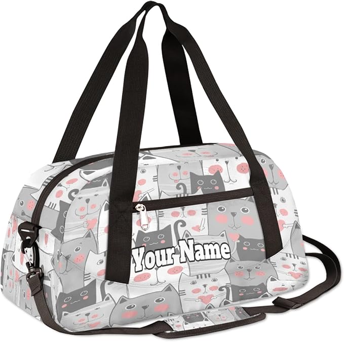 Custom Your Name Lovely Grey Cats Heart Personalized Text Gym Duffle Bag for Kids,Sports Bag for Teens Boys & Girls Small Waterproof Overnight Weekender Carry Practice Travel Bag
