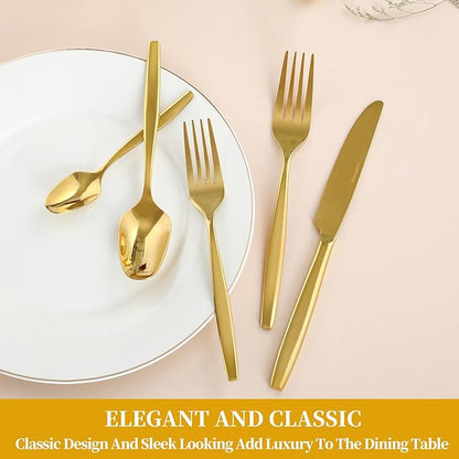Gold 30-Piece Silverware Set,Stainless Steel Flatware Utensils Cutlery Set for 6,Including Steak Knife Fork and Spoon,Dishwasher Safe,Modern Tableware for Home & Dining