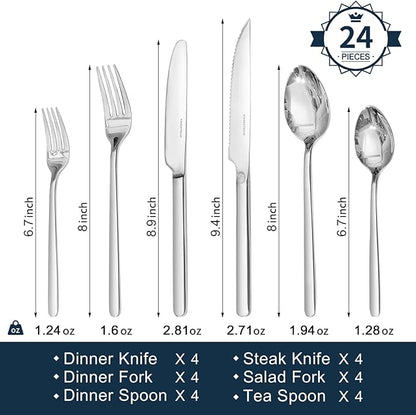 KINGSTONE 24-Piece Silverware Set with Steak Knives, Flatware Set for 4, Stainless Steel Tableware Cutlery Set for Home Restaurant, Mirror Finish,Modern Design