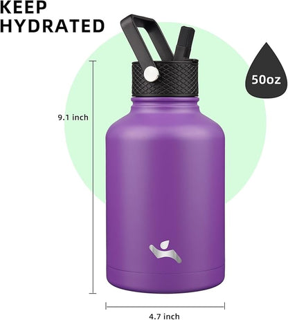 Insulated Water Bottle with Straw,50 oz 3 Lids Water Jug with Carrying Bag,Paracord Handle,Double Wall Vacuum Stainless Steel Metal Flask,Purple