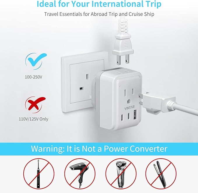 South Africa Power Adapter Kit, VINTAR International Plug Adapter with 3 USB Ports (2 USB C, 3.4A) 2 American Outlets, Type M,G,E/F Detachable Attachments, Adapter for US to Africa Botswana Morocco