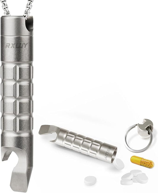 Titanium Keychain Pill Holder Pry Bar, Waterproof Emergency Pill Fob Organizer Container Case, Portable Purse Pocket Prybar Box for Outdoors Camping Travel EDC Accessories