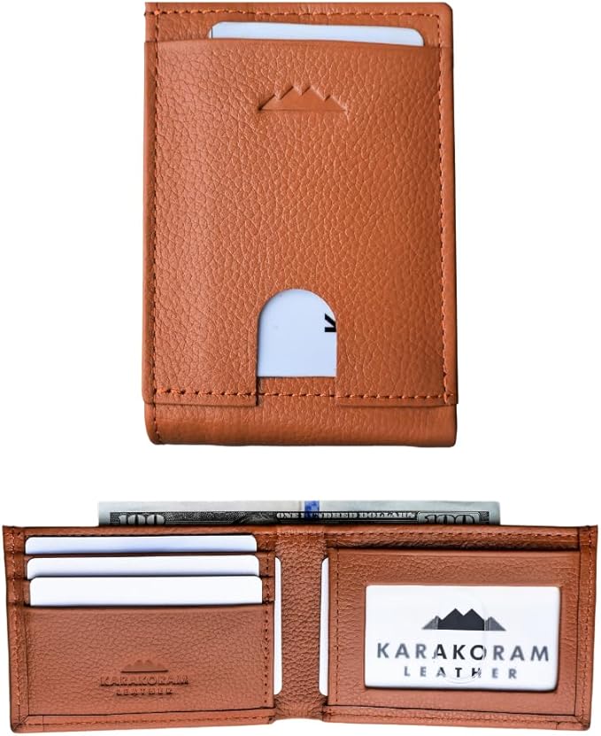 KARAKORAM LEATHER Artisan Made Premium Cowhide Leather Slim BiFold Wallet for Men | RFID Blocking Front Pocket Everyday Carry | Fits 12-14 Cards with 2 External Quick Access Slots (Sandstone Tan)