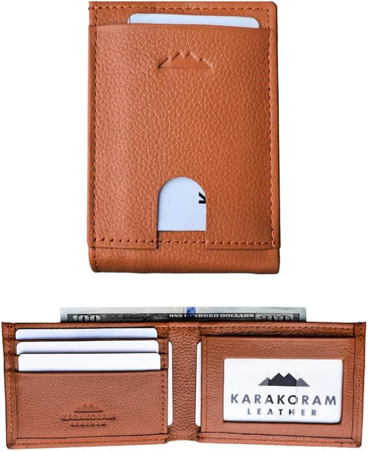 KARAKORAM LEATHER Artisan Made Premium Cowhide Leather Slim BiFold Wallet for Men | RFID Blocking Front Pocket Everyday Carry | Fits 12-14 Cards with 2 External Quick Access Slots (Sandstone Tan)