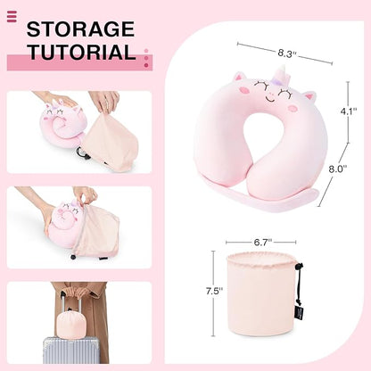 Car Pillow for Big Kids Travel Neck Pillows, Foam Neck Support Travelling Pillow with Washable Cotton Pillowcases and Storage Bag, for Airplane, Train, Flight and Home Use Unicorn Pink