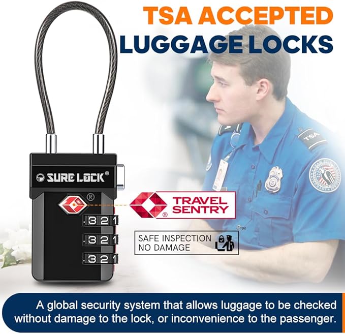 SURE LOCK TSA Approved 3-Digit Combination Luggage Locks – Open Alert Indicator, Re-settable Code with Zinc Alloy Body, Easy-Read Dials for Suitcase, Backpack, Gym Locker & Toolbox (Multiple Colors)