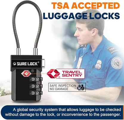 SURE LOCK TSA Approved 3-Digit Combination Luggage Locks – Open Alert Indicator, Re-settable Code with Zinc Alloy Body, Easy-Read Dials for Suitcase, Backpack, Gym Locker & Toolbox (Multiple Colors)