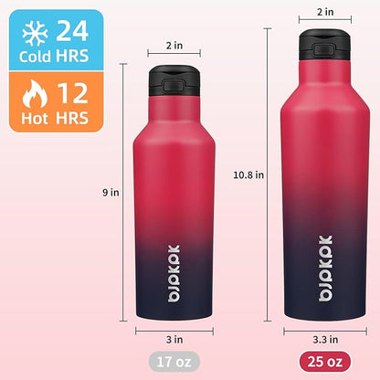 BJPKPK Insulated Water Bottle With Straw 25oz Stainless Steel Water Bottles With 2 Lids And Carry Handle Reusable Travel Metal Thermal Flask,Charming Black Red