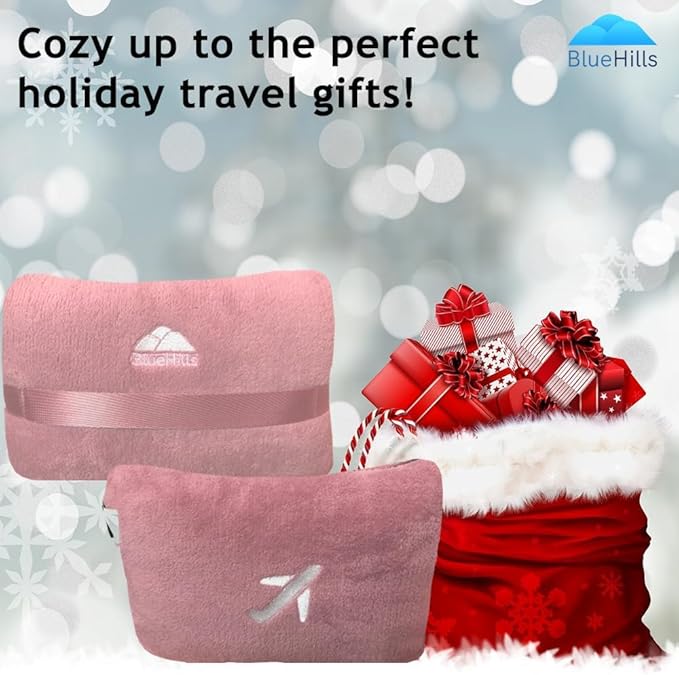 BlueHills Premium Soft Travel Blanket Pillow Compact Mini Airplane Blanket with Portable Pillowcase Long Flights - Dusty Rose Pink M02