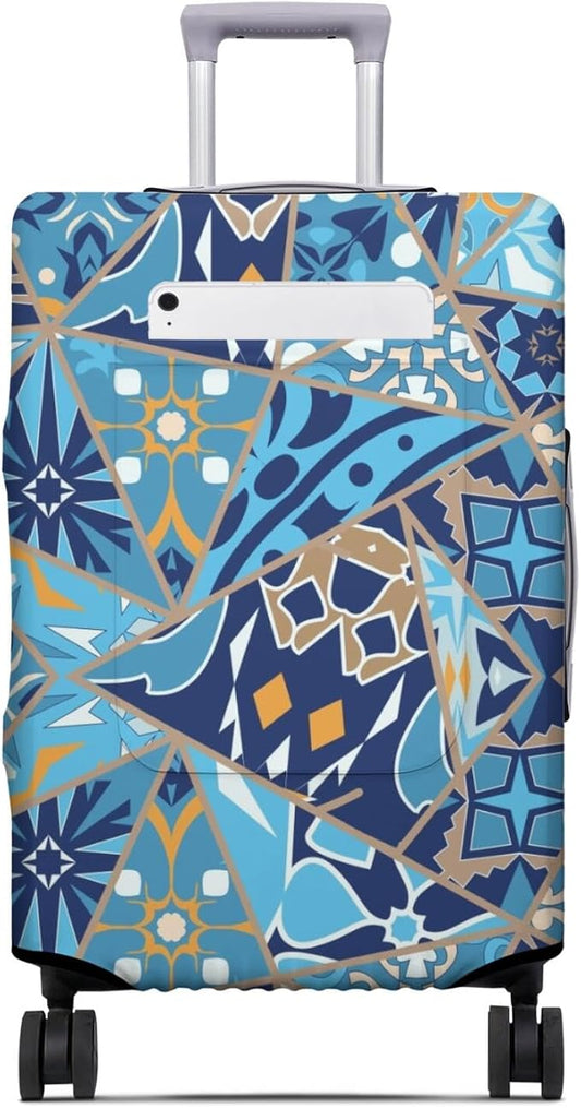 Portuguese Tiles Travel Luggage Cover, Travel-Themed Suitcase Protector Stretchable, Washable Travel Suitcase Cover (S for 18-20 Inch Luggage)