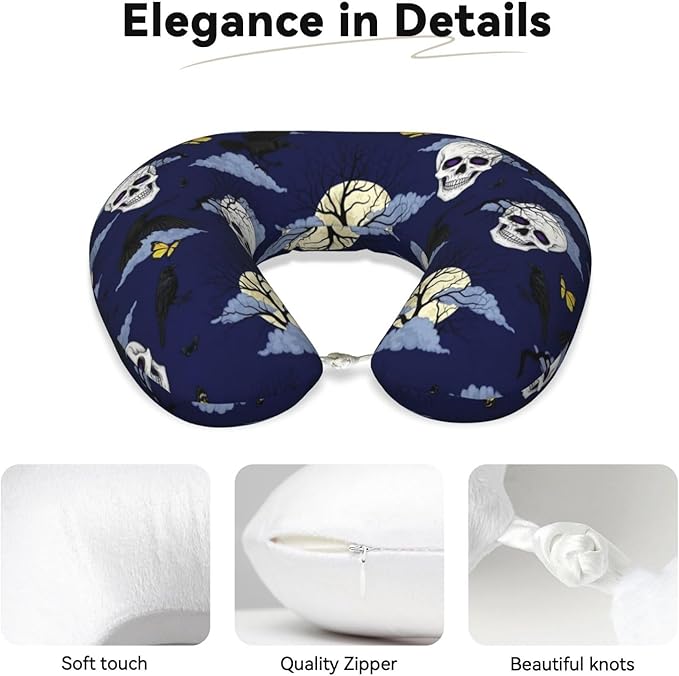 Neck Travel Pillow, Women Men Washable Airplane Car Pillows Halloween Full Moon Raven Goth Skulls, Head Support Rest U Shaped Cushion Comfortable for Watching TV