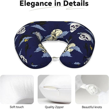Neck Travel Pillow, Women Men Washable Airplane Car Pillows Halloween Full Moon Raven Goth Skulls, Head Support Rest U Shaped Cushion Comfortable for Watching TV