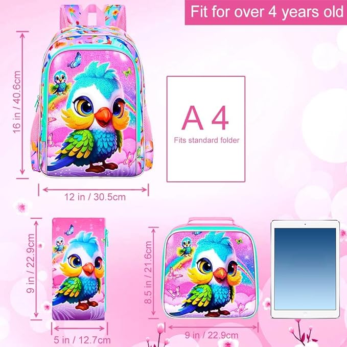 WZLVO 3PCS Backpack for Girls, 16'' Kids Parrot Preschool Bookbag Set, Cute Animal Water Resistant School Backpacks Set for Elementary Kindergarten Teen Travel