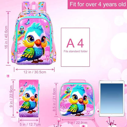 WZLVO 3PCS Backpack for Girls, 16'' Kids Parrot Preschool Bookbag Set, Cute Animal Water Resistant School Backpacks Set for Elementary Kindergarten Teen Travel