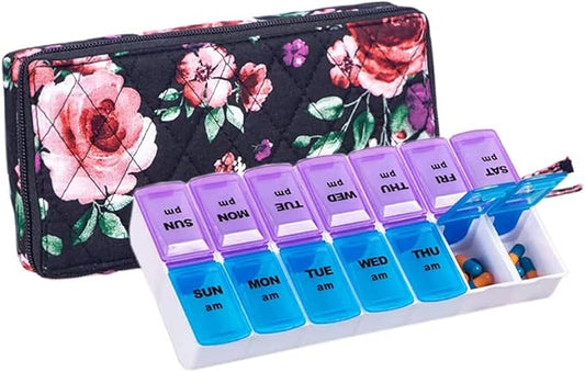 Weekly 7 Day Pill Organizer Case 2 Times a Day (AM/PM), Large Portable Cute Pill Box 7 Day for Vitamin&Medicine, Pill Case with Quilted Fabric Zipper Cute Bag for Travel or Daily