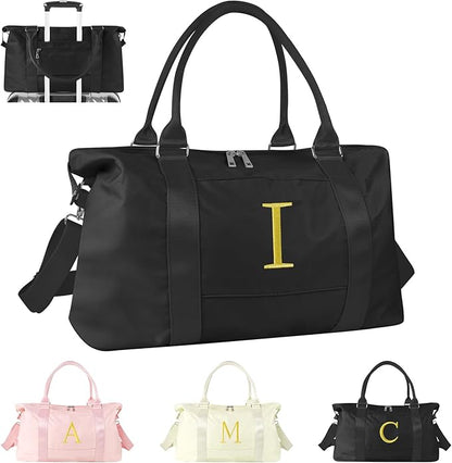 Personalized Initial Gym Dance Bag, Travel Duffel Bag for Teen Girls, Carry On Bag Overnight Weekender Bag with Trolley Sleeve, Birthday Gifts for Women Mom Daughter Graduation Gift(Letter I, Black)