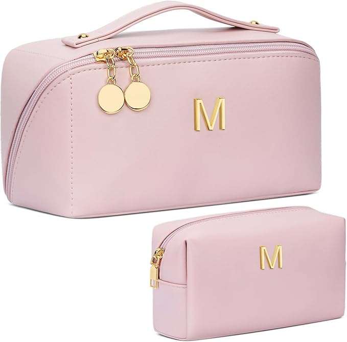 Birthday Gifts for Women Teen Girl, Personalized Initial Makeup Organizer Bag Set, Open Flat Travel Cosmetic Bag With Clear Divider and Handle(Pink,M)