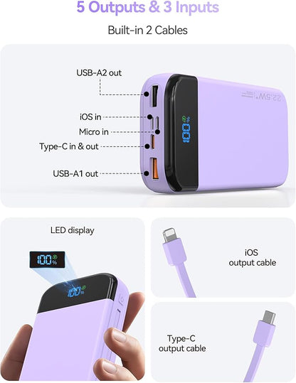 Portable Charger Power Bank Built-in Cables, 32000mAh 22.5W USB C Fast Charging, 5 Outputs 3 Inputs Travel Essentials Battery Pack Compatible with iPhone, iPad, Samsung, Google Pixel, Purple