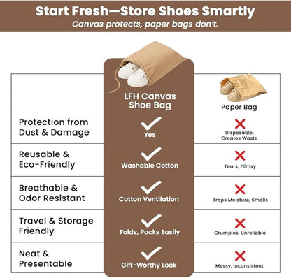 LFH Cotton Rich Shoe Storage Bags with Drawstring, Dustproof Breathable Reusable Organizer, Perfect For Travel, Dorm, Hotel, College, Gym, Easy to Carry, Machine Washable 12"x17" (Pack of 6) - Beige
