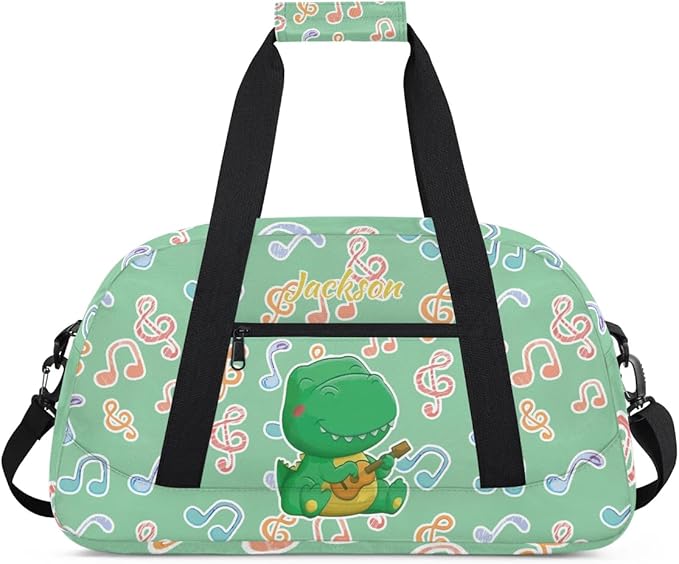 Personalized Duffel Bag for Kids Girls Boys, Dinosaur Guitar Custom Name Gym Bag Overnight with Padded Handles Carry On Weekend Sports Travel Bag for School Practice Gymnastics Ballet