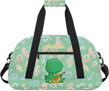 Personalized Duffel Bag for Kids Girls Boys, Dinosaur Guitar Custom Name Gym Bag Overnight with Padded Handles Carry On Weekend Sports Travel Bag for School Practice Gymnastics Ballet