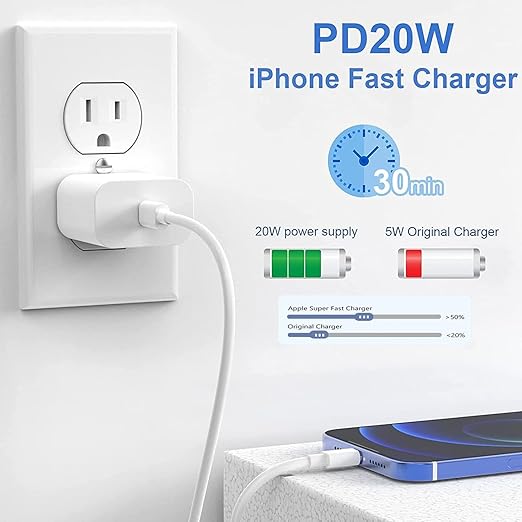 iPhone 20W USB C Fast Charger with USB C to Lightning Cable & Compatible Cord for iPhone 14/13/12/11/XS/XR/X/iPad