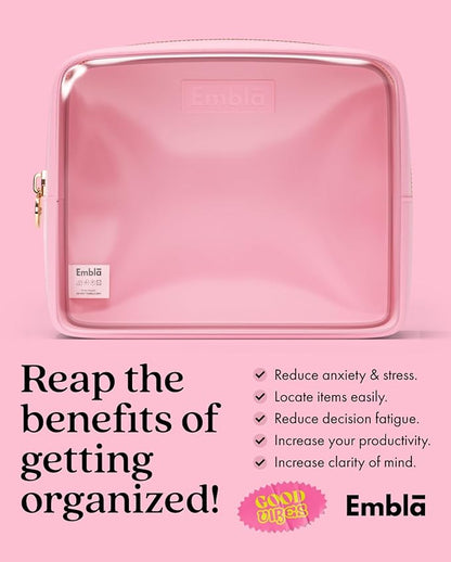 Embla London Makeup Bag Cosmetic Case, Clear Zipper Make Up Pouch and Toiletry Travel Tote, Cute Skincare Pouches for Women Girls, Preppy Purse Cosmetic Organizer, Large Makeup Bags, Flamingo Pink