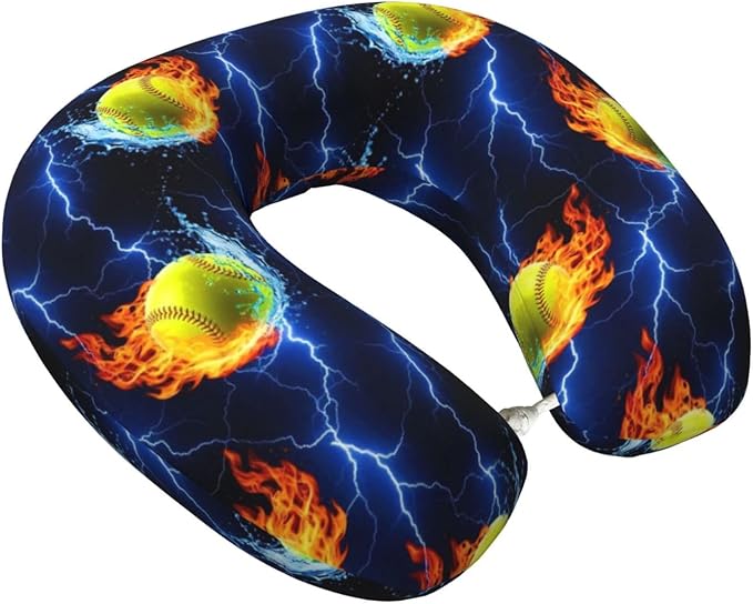 Neck Travel Pillow, Breathable Memory Foam Chin & Head Support Cushion Blue Lightning Water Fire Flame Softball for Airplane Car Sleeping Rest
