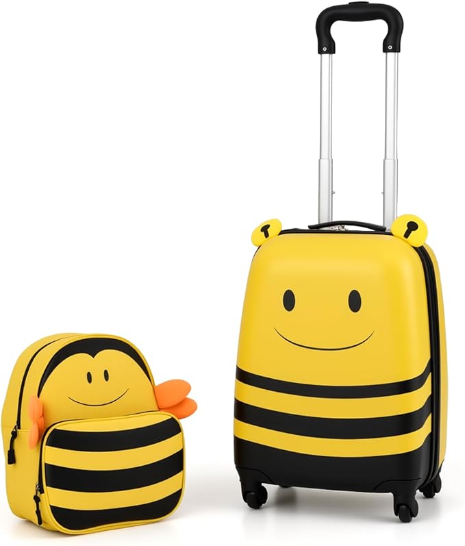 HONEY JOY Kids Luggage, 12” Children Hardshell Backpack & 16” Toddler Travel Rolling Suitcase, 2 Pcs Lightweight Carry On Luggage Set, Kids Luggage with Wheels for Girls & Boys(Yellow Bee)