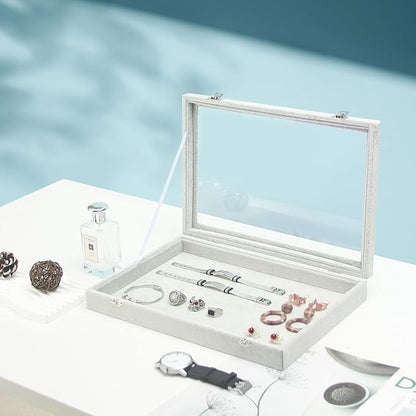 Coward Jewelry Organizer Tray Box, Grey Beige Velvet Blank Display Tray Case with Lid for Storage Necklaces Bracelets Rings Beads and Jewelry Accessories