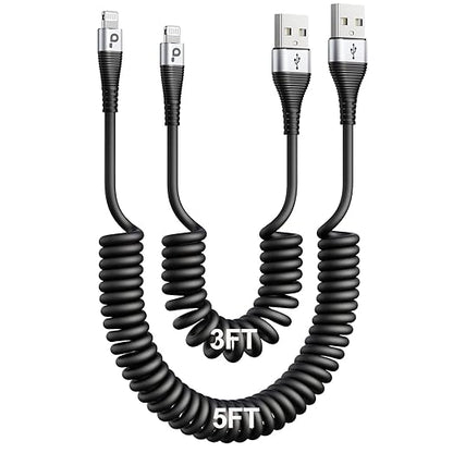 iPhone Charger Cable for Car (3FT/5FT), 2Pack Coiled Lightning Cable, [Apple MFi Certified] Retractable Charging Cord Compatible with iPhone 14/13/12/11 Pro Max/XS MAX/XR/XS/8/iPad/iPod/CarPlay
