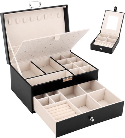 DesignSter Jewelry Organizer Box, 2 Layers Large Jewelry Box with Travel Jewelry Case, Leather Jewelry Storage Case for Rings Earrings Bracelets Necklaces (Black)