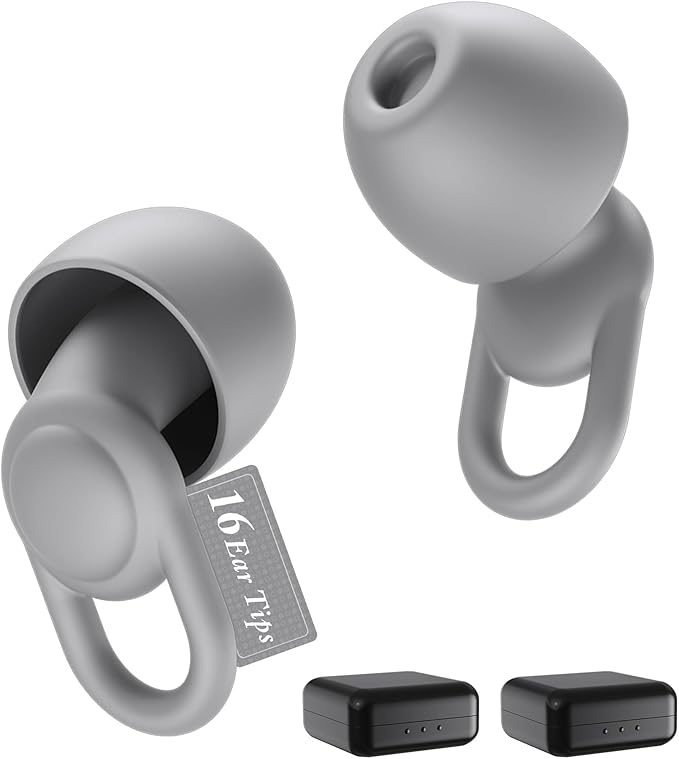 Silicone Ear Plugs for Noise Reduction - Reusable Soft Comfortable Earplugs for Sleeping,Noise Sensitivity & Flights -16 Ear Tips in XS/S/M/L, with 2 Travel Boxes - 33dB Noise Cancelling (Grey)