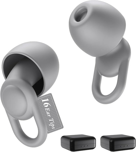 Silicone Ear Plugs for Noise Reduction - Reusable Soft Comfortable Earplugs for Sleeping,Noise Sensitivity & Flights -16 Ear Tips in XS/S/M/L, with 2 Travel Boxes - 33dB Noise Cancelling (Grey)