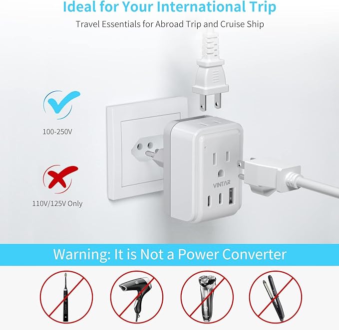 European Travel Plug Adapter Kit, VINTAR International Plug Adapter with 3 USB Ports (2 USB C, 3.4A) 2 American Outlets, Type L,C Detachable Attachments, Adapter for US to Chile Germany France Italy