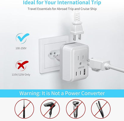 European Travel Plug Adapter Kit, VINTAR International Plug Adapter with 3 USB Ports (2 USB C, 3.4A) 2 American Outlets, Type L,C Detachable Attachments, Adapter for US to Chile Germany France Italy