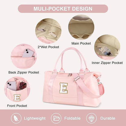 Dance Gym Duffel Bag for Teen Girls, Personalized Initial Travel Weekender Bag,Cute Overnight Carry On Duffle for Women,Sports Travel Cheer Bag,Monogram Christmas Gifts for Tween Preppy(pink-E)