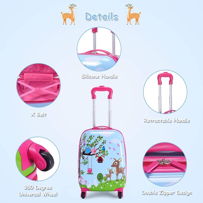 HONEY JOY Kids Luggage, 12” Travel Backpack & 16” Hard Shell Toddler Suitcase, Children Rolling Luggage with Wheels, Retractable Handle & 4 Casters, 2Pcs Carry On Luggage Set for Boys Girls(Deer)