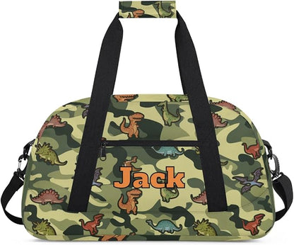 Personalized Duffel Bag for Kids Girls Boys, Cartoon Dinosaurs Custom Name Gym Bag Overnight with Padded Handles Carry On Weekend Sports Travel Bag for School Practice Gymnastics Ballet