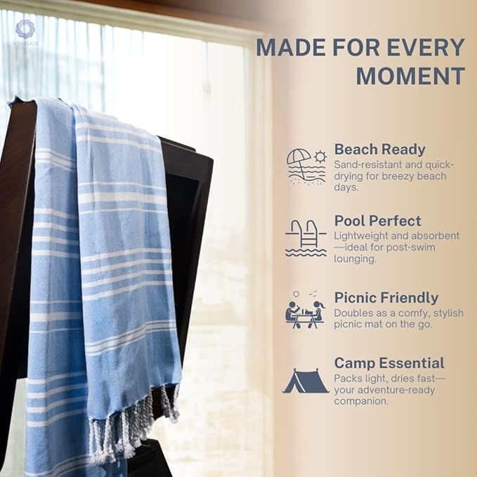 Cotton Turkish Beach Towel with Towels Oversized 36"x72" Pool Absorbent Extra Large Quick Dry Sand Travel Towel (Azure Bliss, 2 Pack)