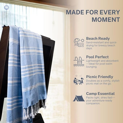 Cotton Turkish Beach Towel with Towels Oversized 36"x72" Pool Absorbent Extra Large Quick Dry Sand Travel Towel (Azure Bliss, 2 Pack)