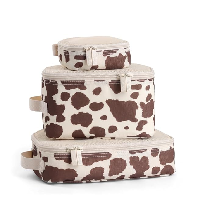 Itzy Ritzy Packing Cubes for Travel Set of 3 Packing Organizers; Each Travel Cube Features a Mesh Top, Double Zippers and a Fabric Handle (Cow Print)