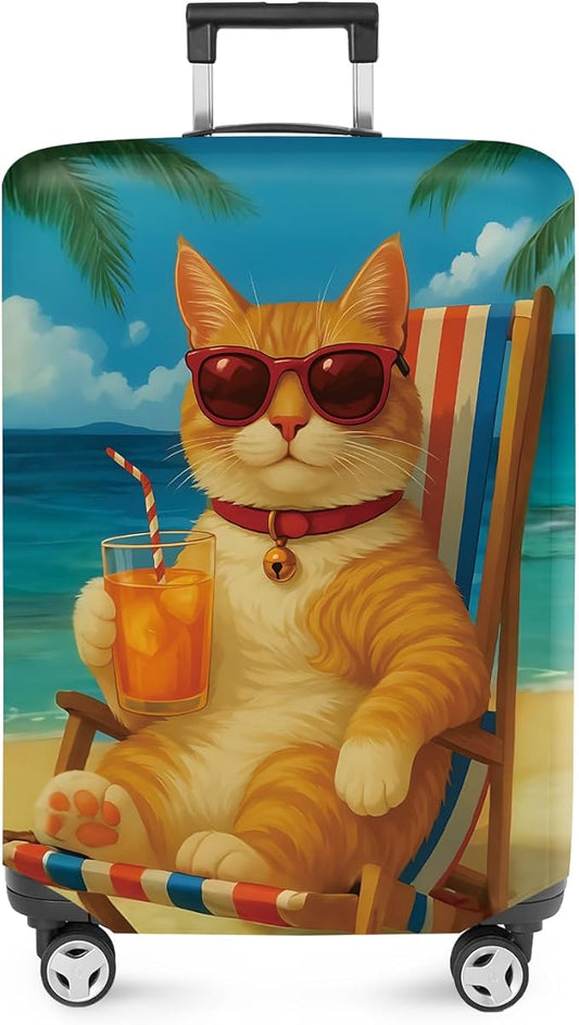 ANNA QUEEN Summer Cat Luggage Cover, Cat in Sunglasses with a Beach Drink, Stretchable, Washable Travel Protector for 24-26 Inch Suitcases
